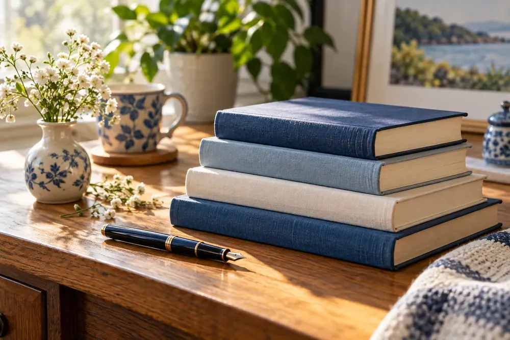 Books and a fountain pen on a sunny desk.