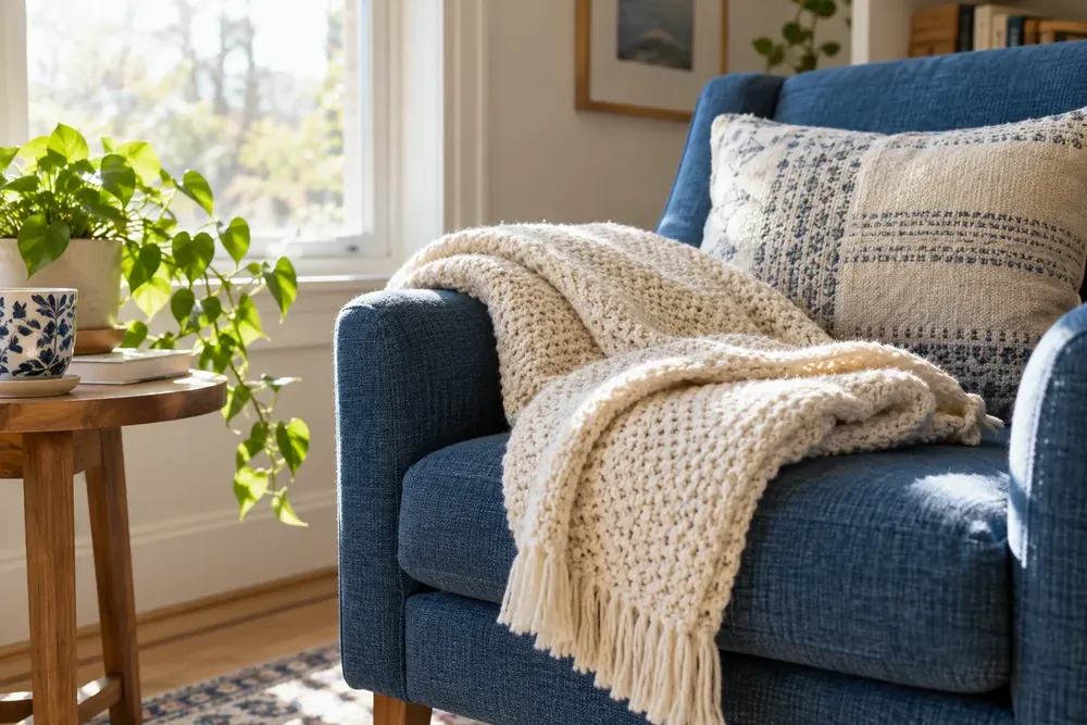 A soft blanket on a blue chair in a sunny reading nook.