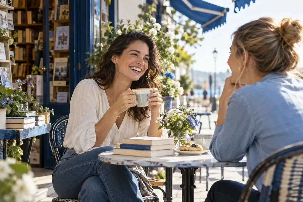 Two women enjoying a conversation outside a bookshop cafe.