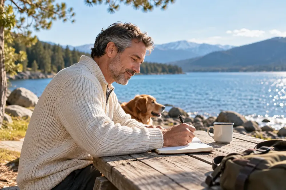 A man writing in a journal beside a lake.