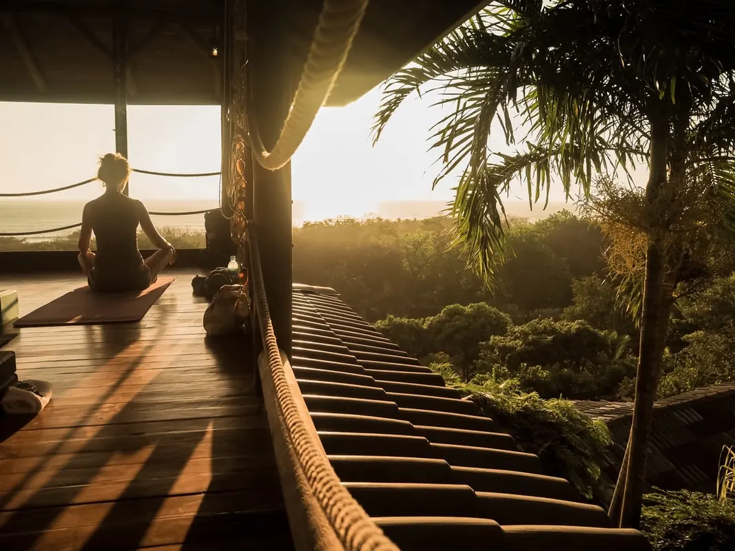 A peaceful outdoor walkway overlooks green trees and warm sunlight.