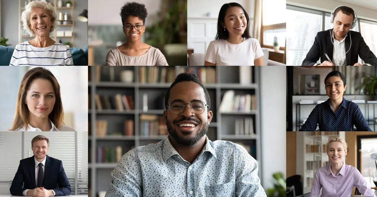 A group of colleagues speaks together on a video call.