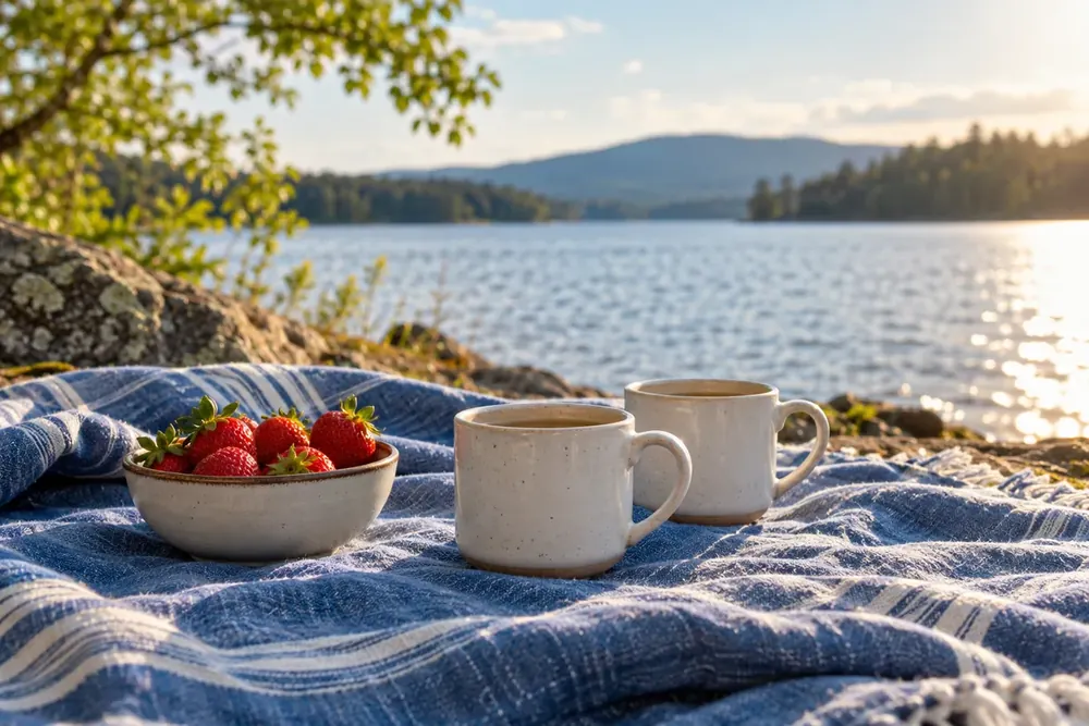 White cups and strawberries on a blue picnic blanket by a lake.