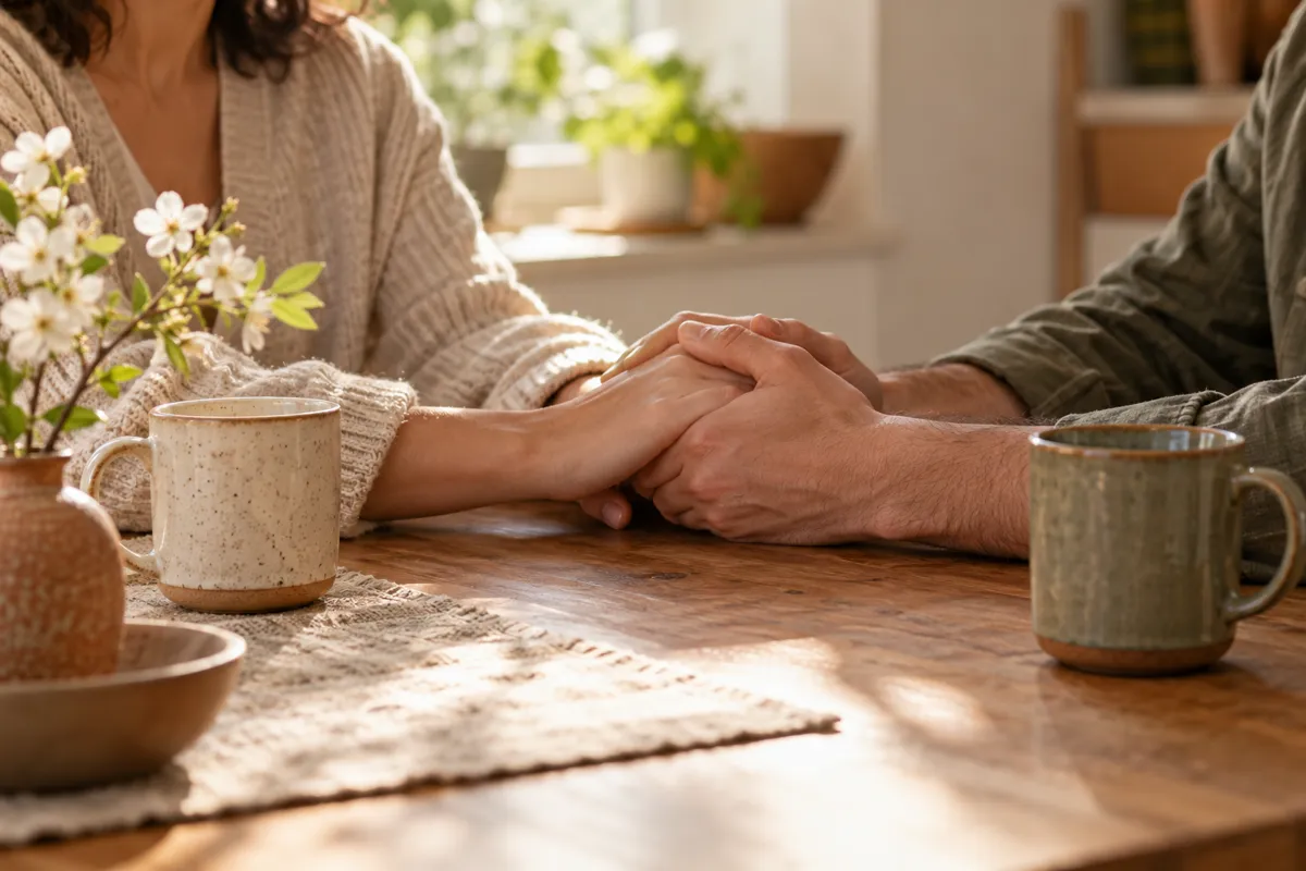 Close-up of two adults' hands clasped gently across a small kitchen table, two mugs and a single flowering branch nearby, reconciliation and renewed conversation, warm natural morning light