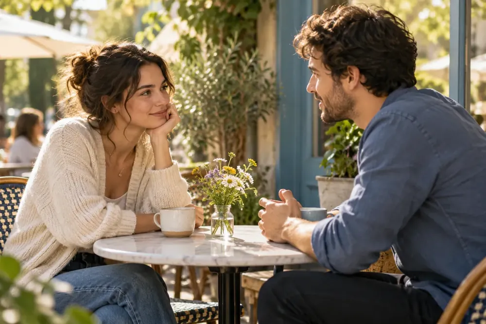 A couple talking beside a small vase of flowers.