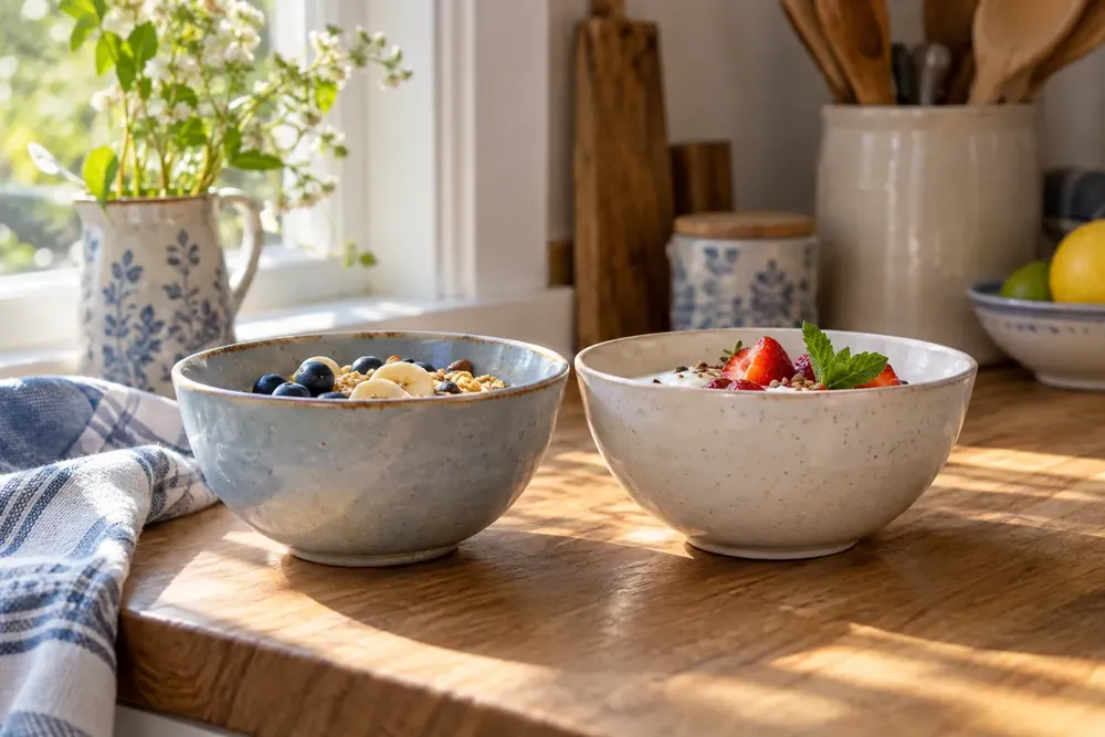 Blue and cream bowls placed side by side