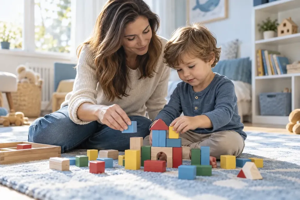 A parent and child playing with wooden blocks in a bright room.