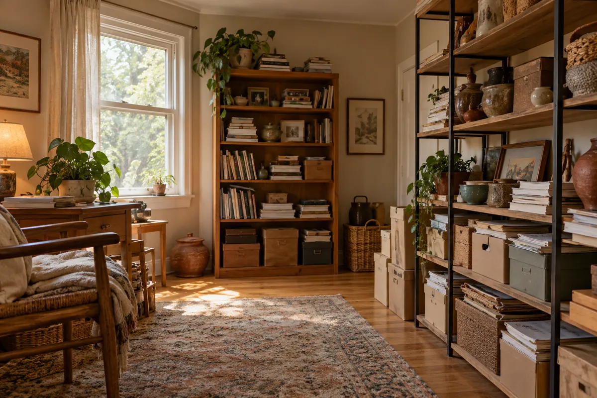 Books, boxes and ceramics fill shelves in a spare room.