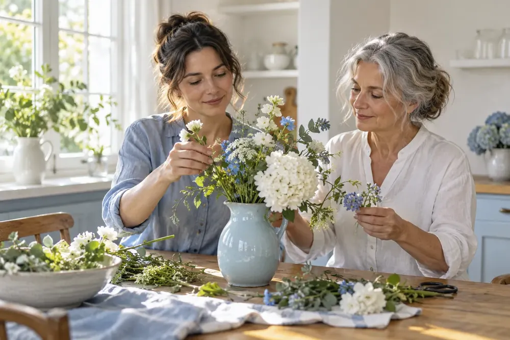 Two women arranging flowers together at a kitchen table.