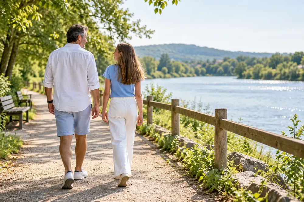 A father and daughter walk together beside a river.