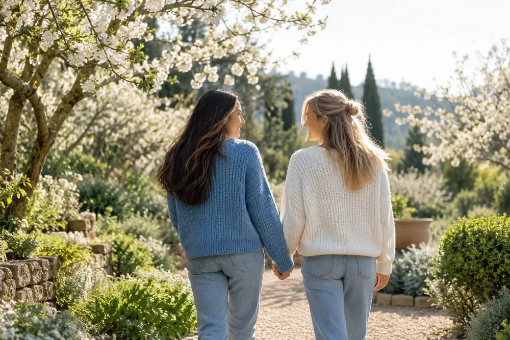 Two women walking together beneath flowering trees