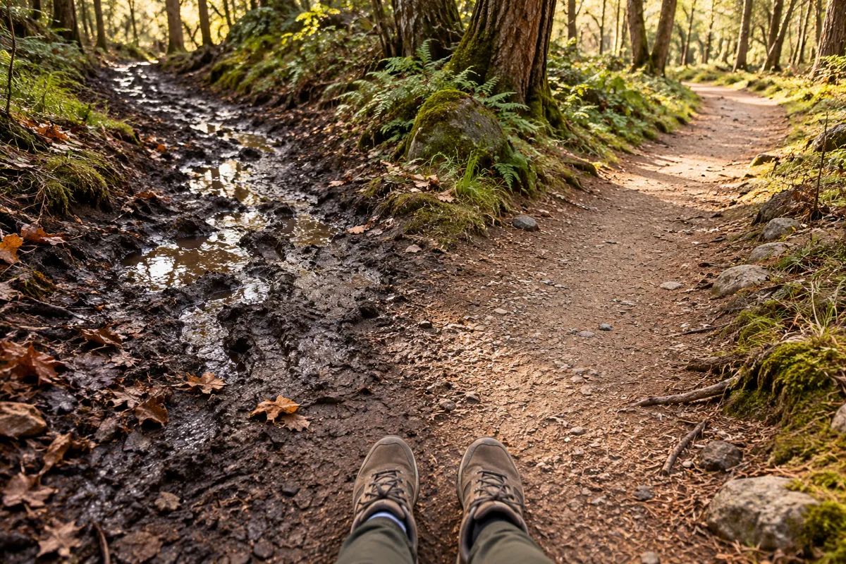 A fork in a woodland trail with one route visibly muddy and one firm, walking shoes paused safely before the choice, no signs or words, grounded visual metaphor for noticing warning signs