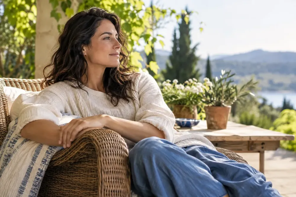 A person seated on a terrace beside sunlit leaves.