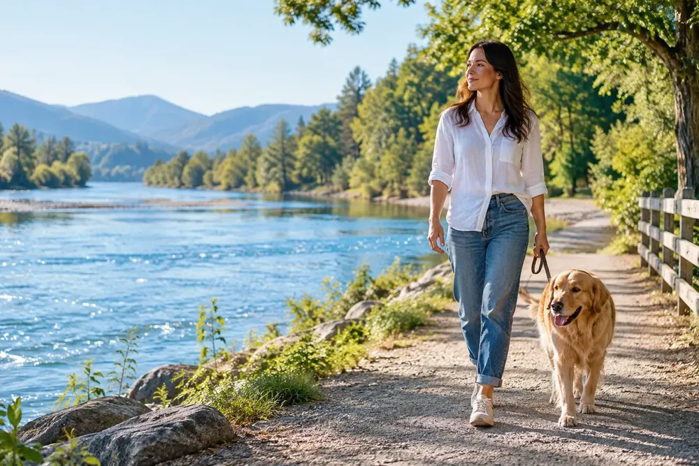 A person walking a dog along a riverside path.