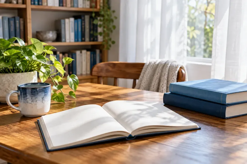A notebook and blue books on a sunlit library table.