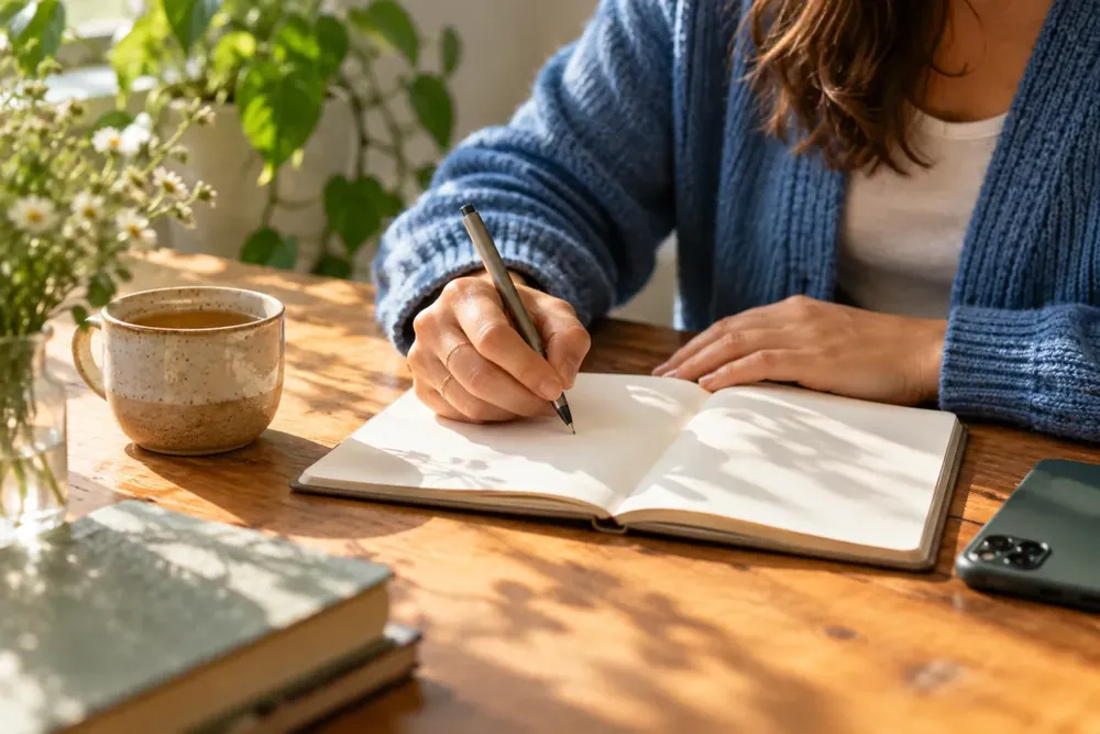 Hands writing beside a face-down phone and cup of tea.