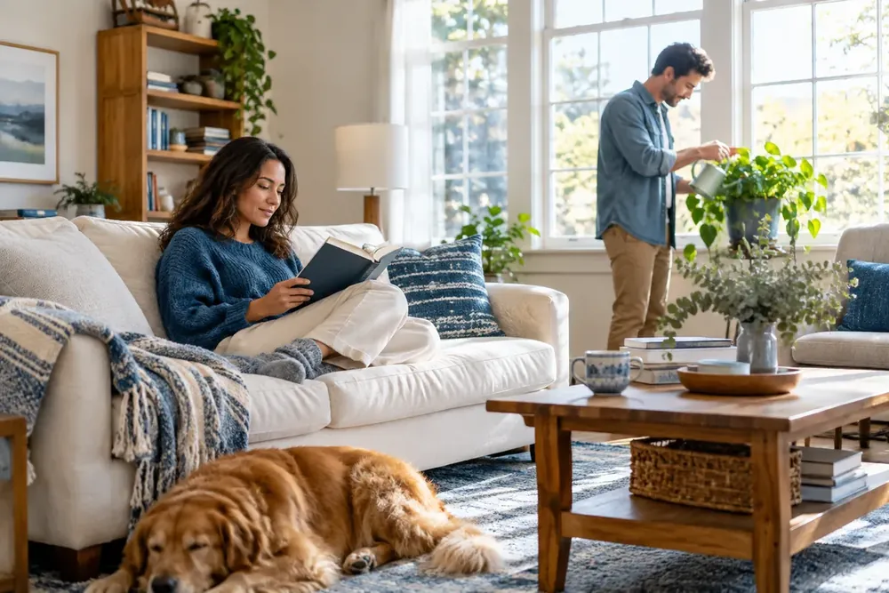A couple enjoys separate activities in a shared living room.