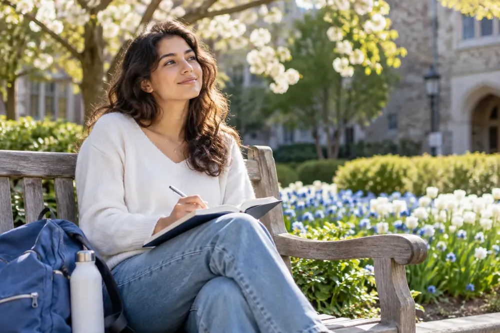 A young adult reflecting with a notebook in a university garden.