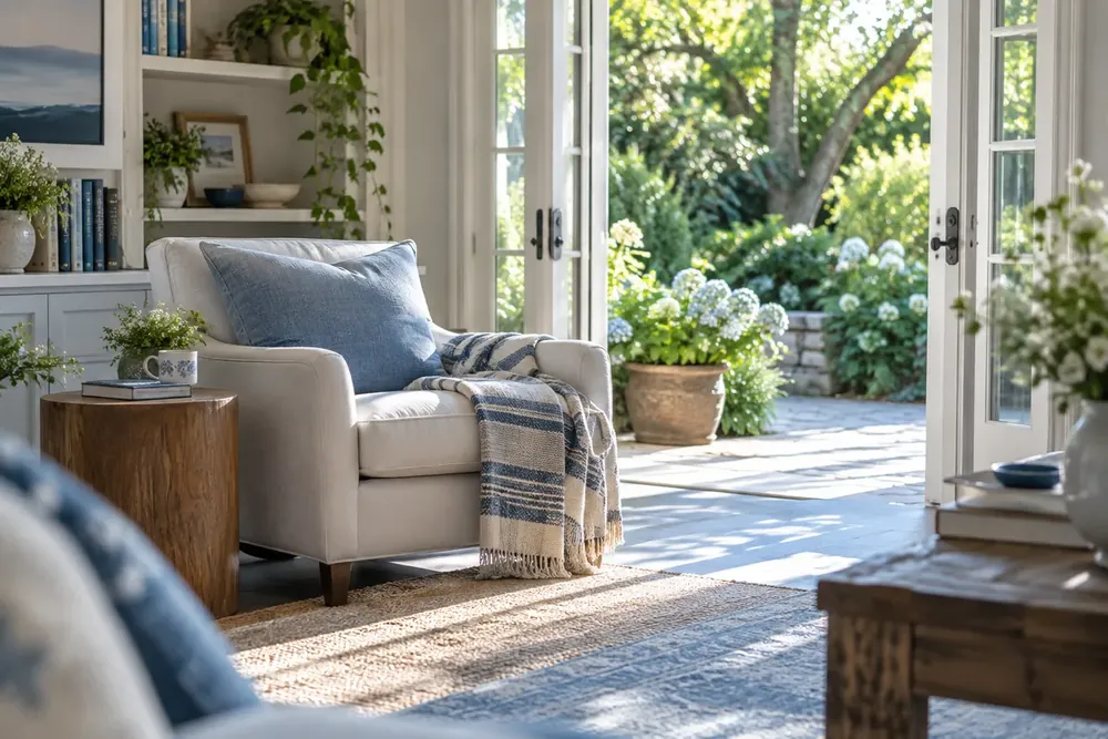 A calm living room opening onto a green garden.