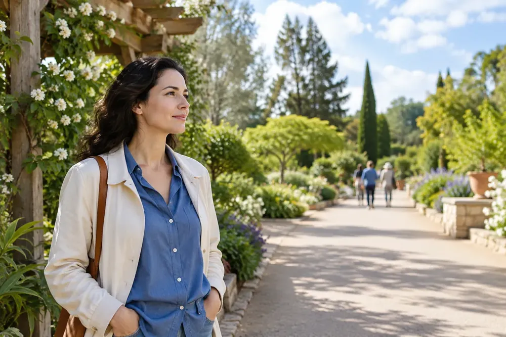 An adult pauses beside a broad botanical garden path.
