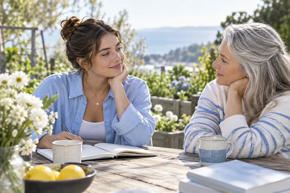 Two adults sharing a supportive conversation at a garden table.