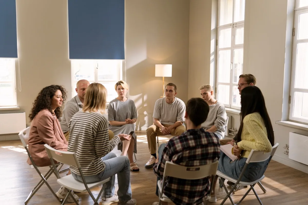 A group of adults sits in a circle and listens to one another.