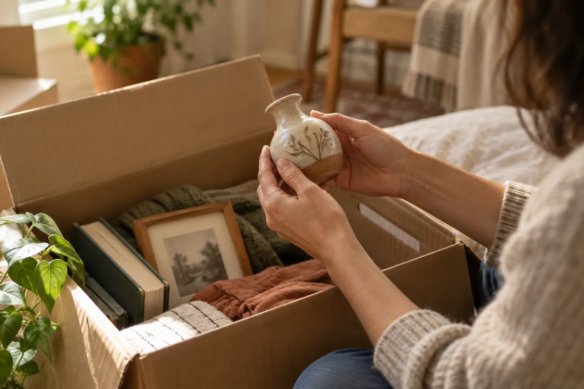 Hands hold a ceramic keepsake above a moving box.