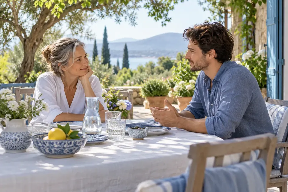 Two adults talking on a shaded garden patio
