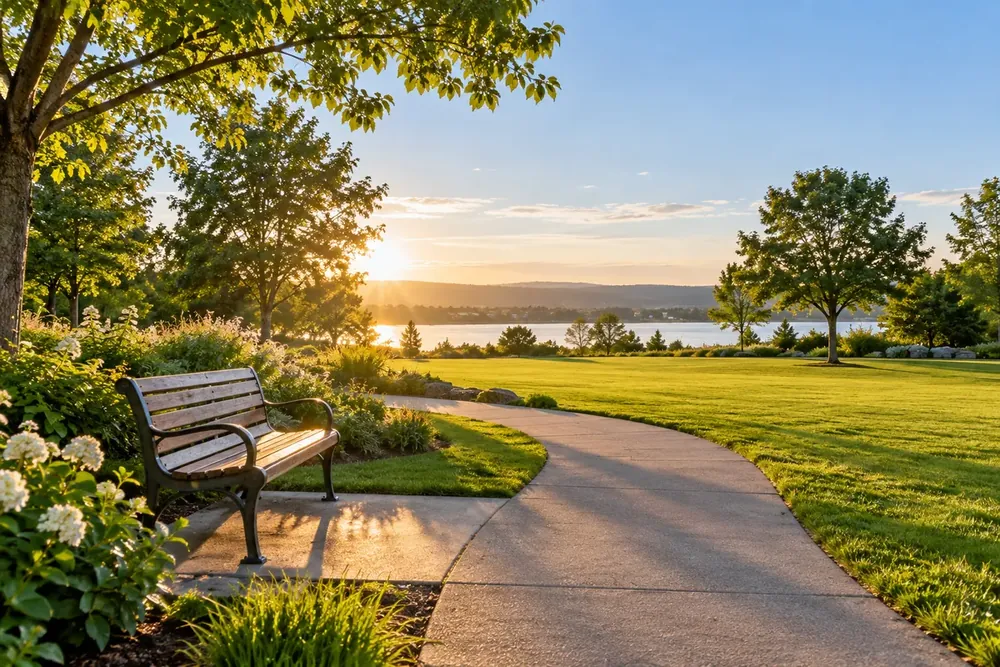 A sunlit path and bench in a green community park