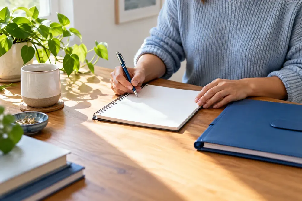 Hands prepare a notebook and folder on a bright desk.