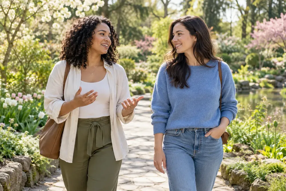 Two friends walking together through a garden.