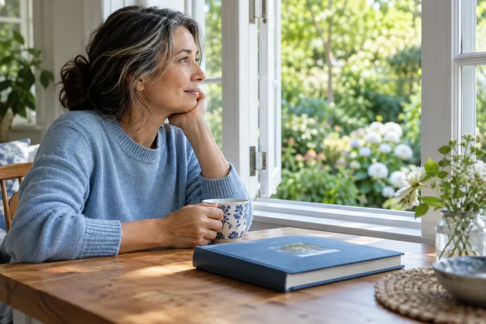 An adult reflects beside a window overlooking a garden.