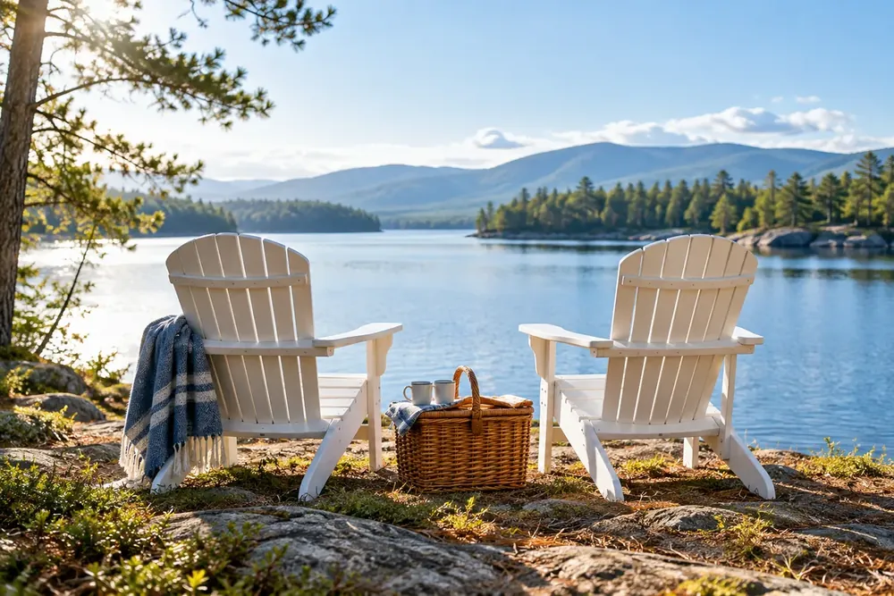 Two empty chairs and a picnic basket beside a lake.