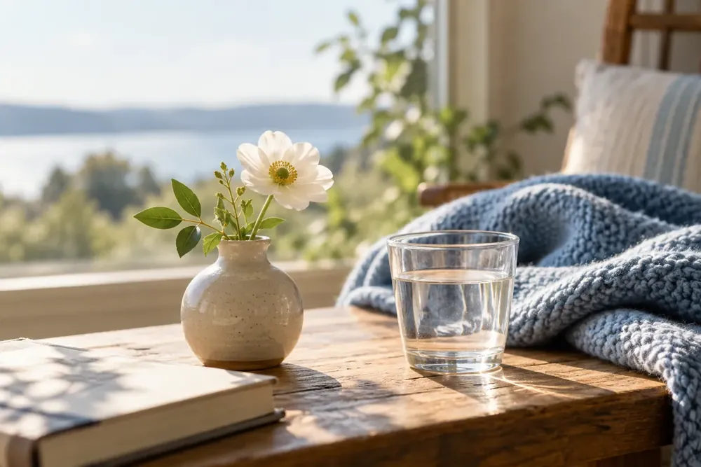 A white flower beside a folded blanket in morning light.
