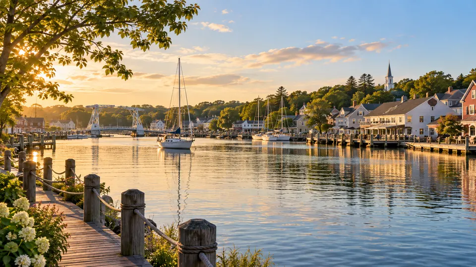 A warm editorial scene inspired by Mystic harbor, Connecticut