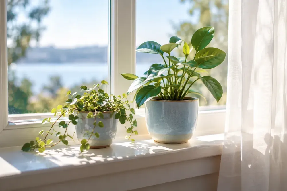 Two plants in separate pots on a sunny windowsill