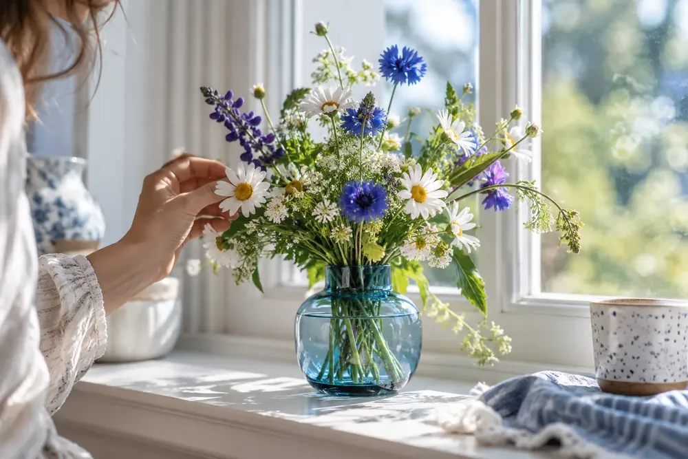 A varied bouquet of wildflowers in a blue glass vase.