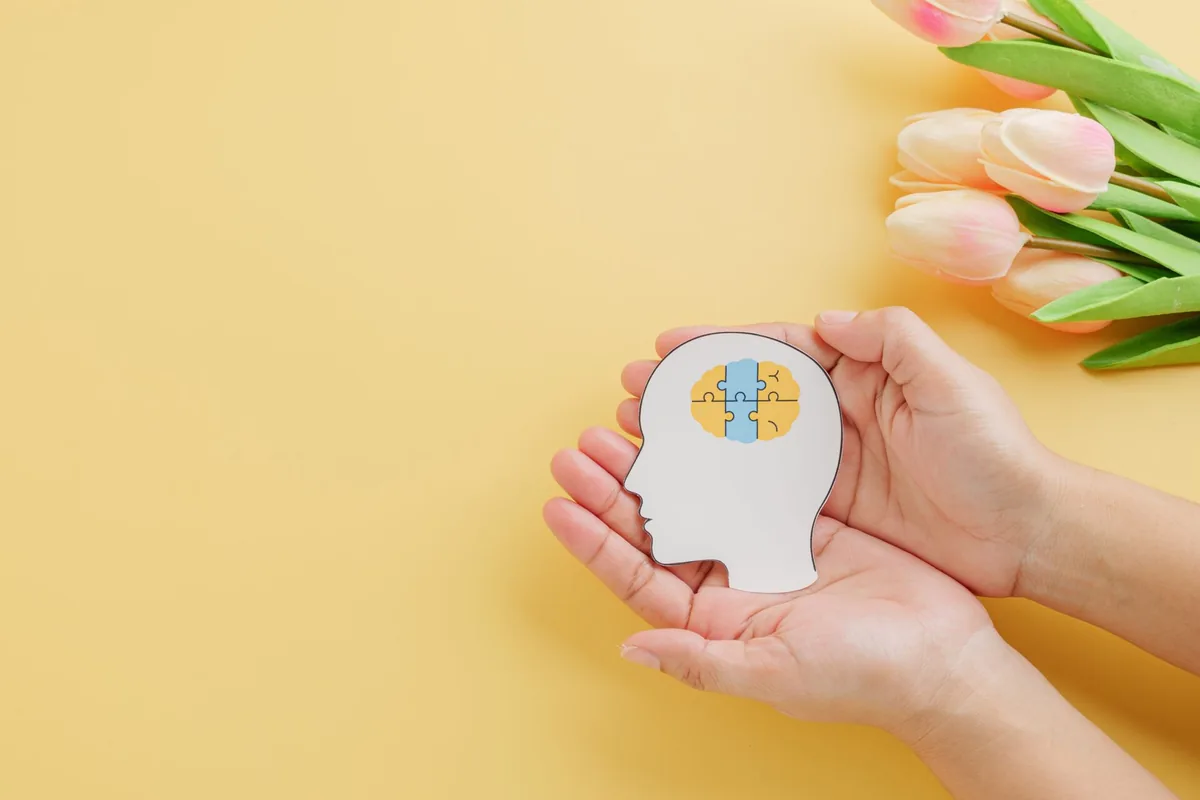 Hands hold a small model of a human head above a yellow tabletop.