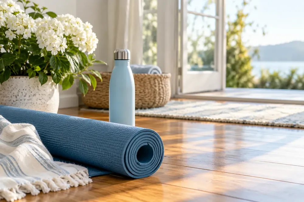 A rolled yoga mat and water bottle beside a bright window