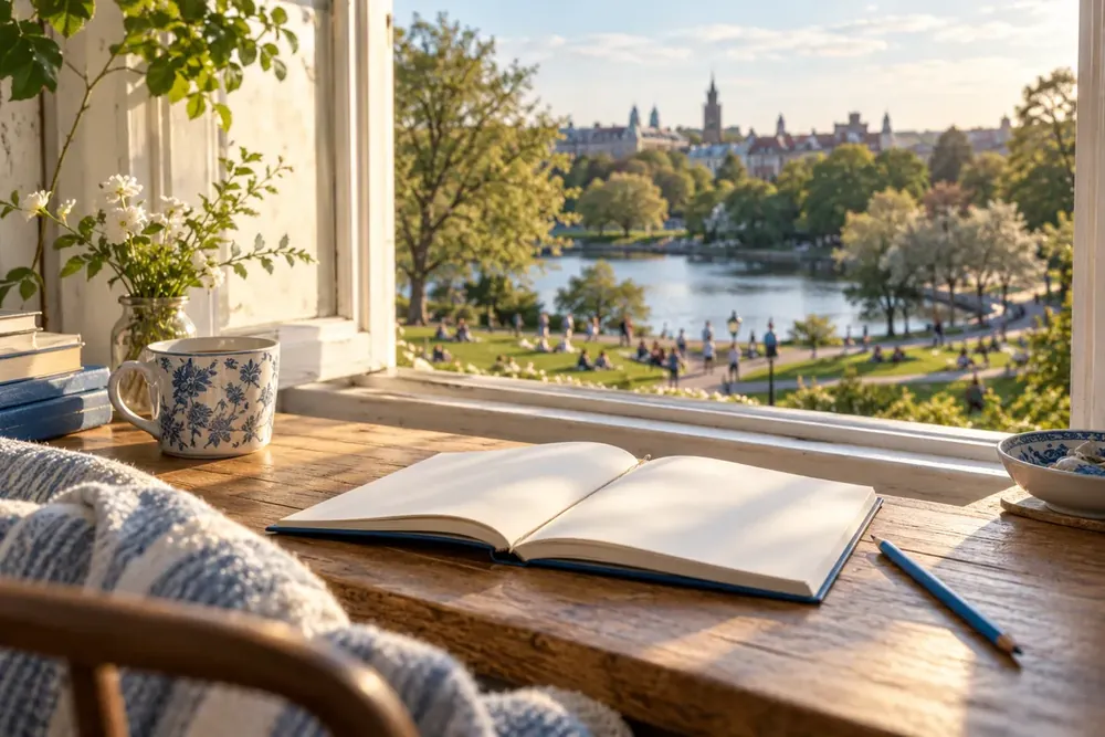A notebook beside a window overlooking a park