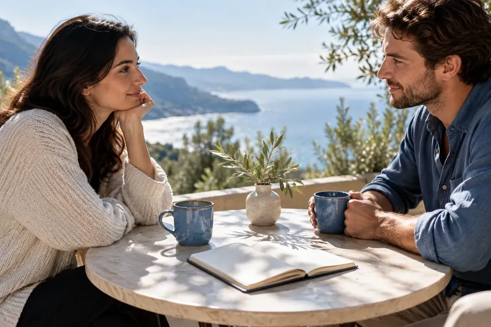 Two mugs and an open notebook on a round table.