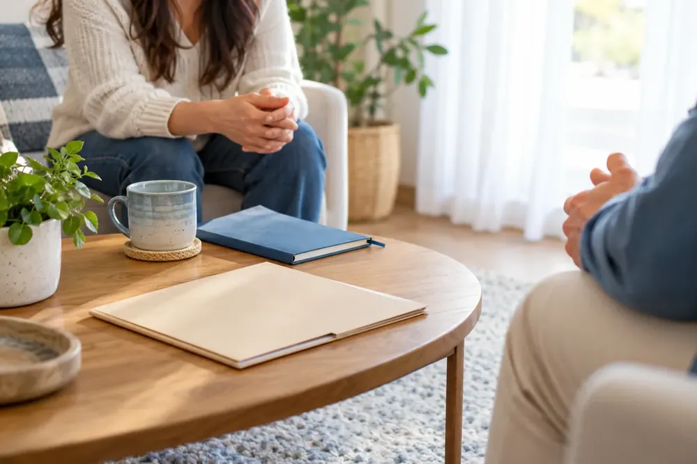 A plain folder and notebook on a quiet office table.