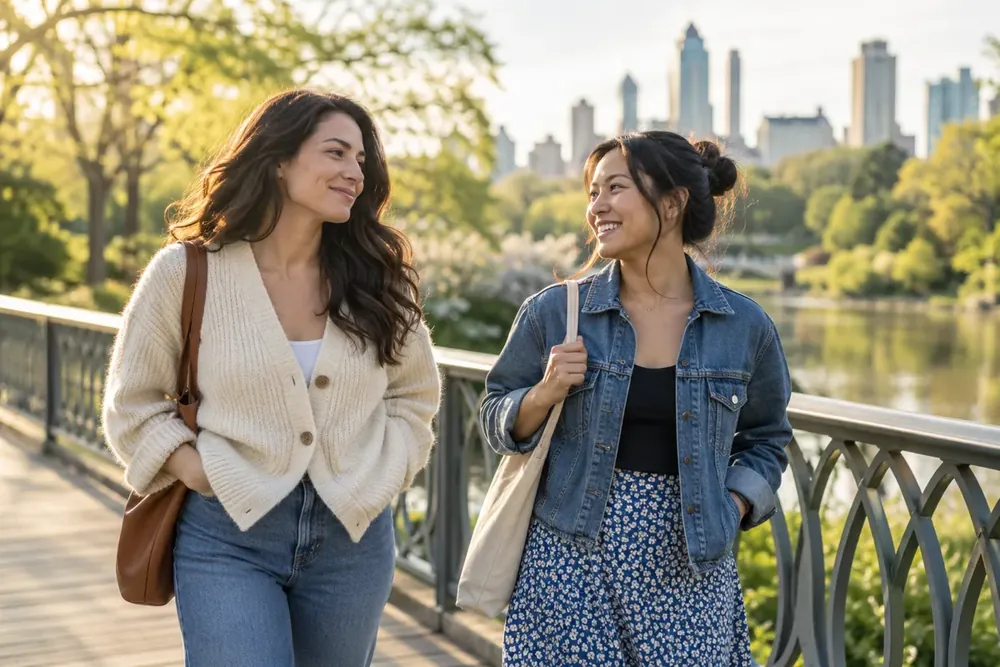 Two women walking across a park footbridge.