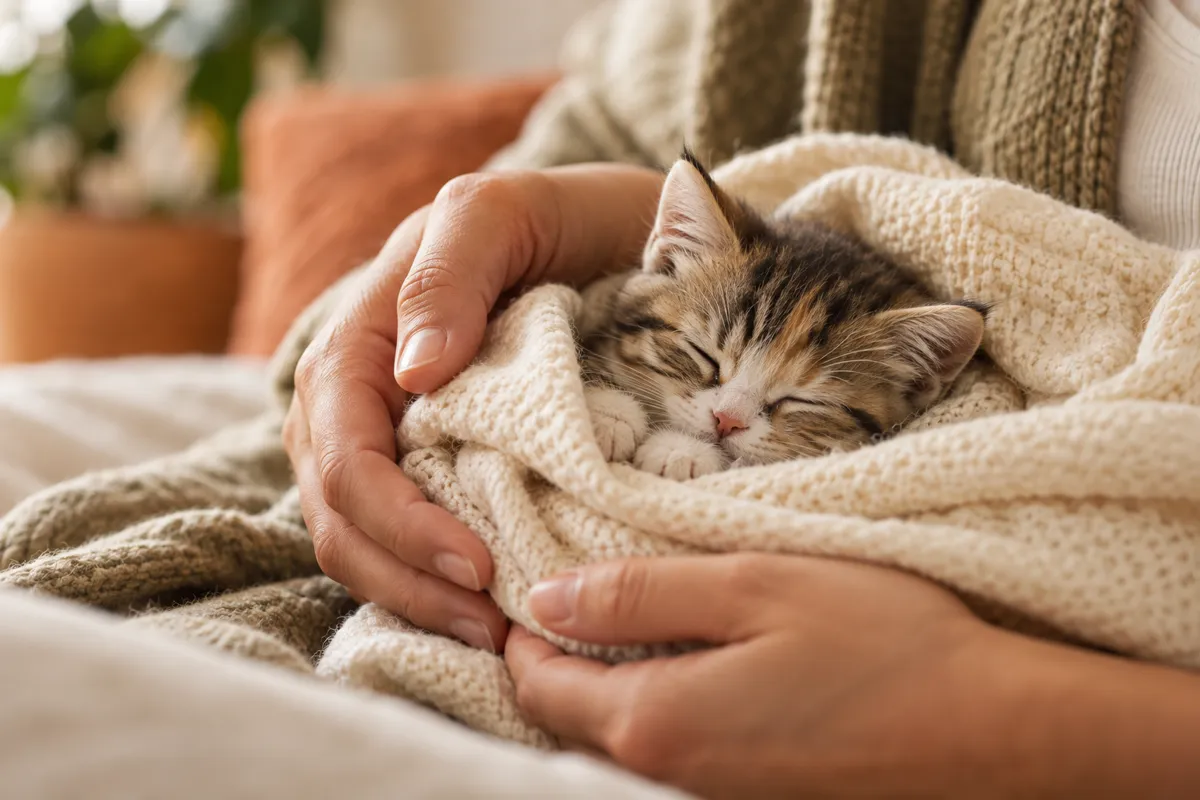 Close candid photograph of adult hands gently cradling a tiny sleepy kitten wrapped in a cream blanket, tenderness and soft rounded features, shallow focus and warm indoor light