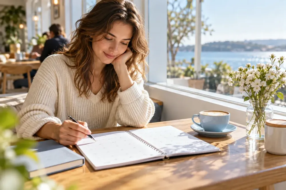 An adult considering plans at a cafe window