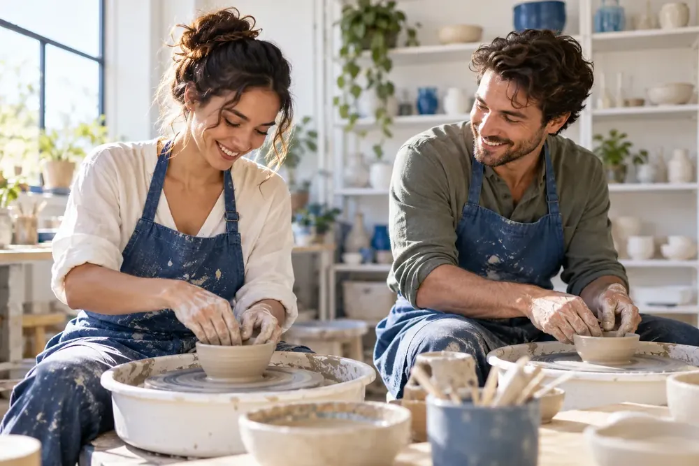 A couple making pottery together in a bright studio.