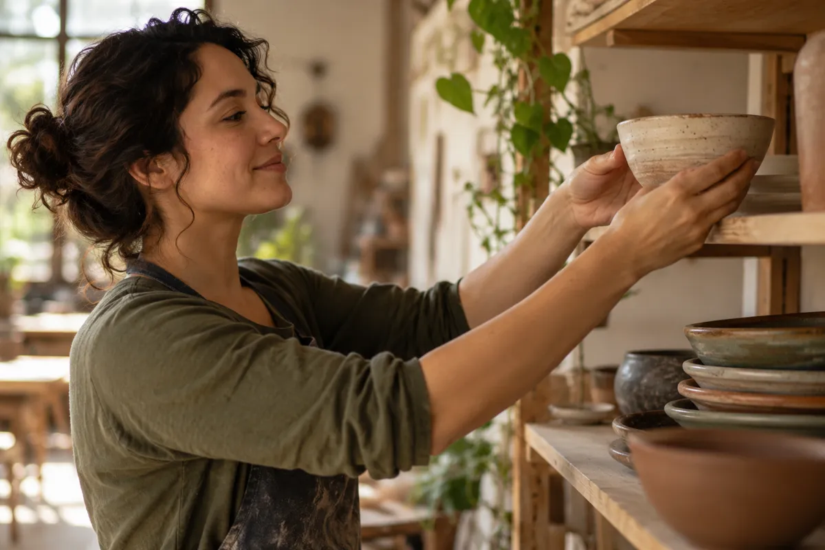 A person places a handmade bowl on a studio shelf.