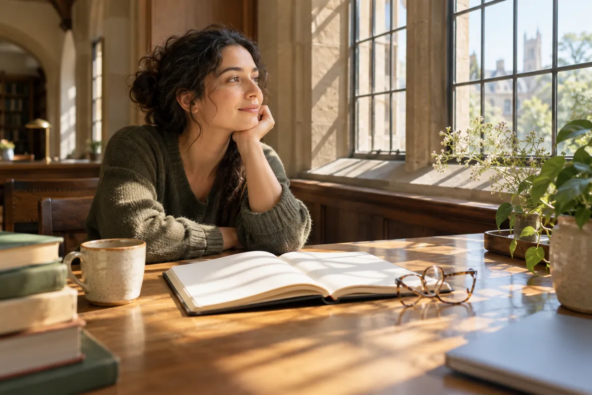 Person reflecting beside an open journal in a sunlit study