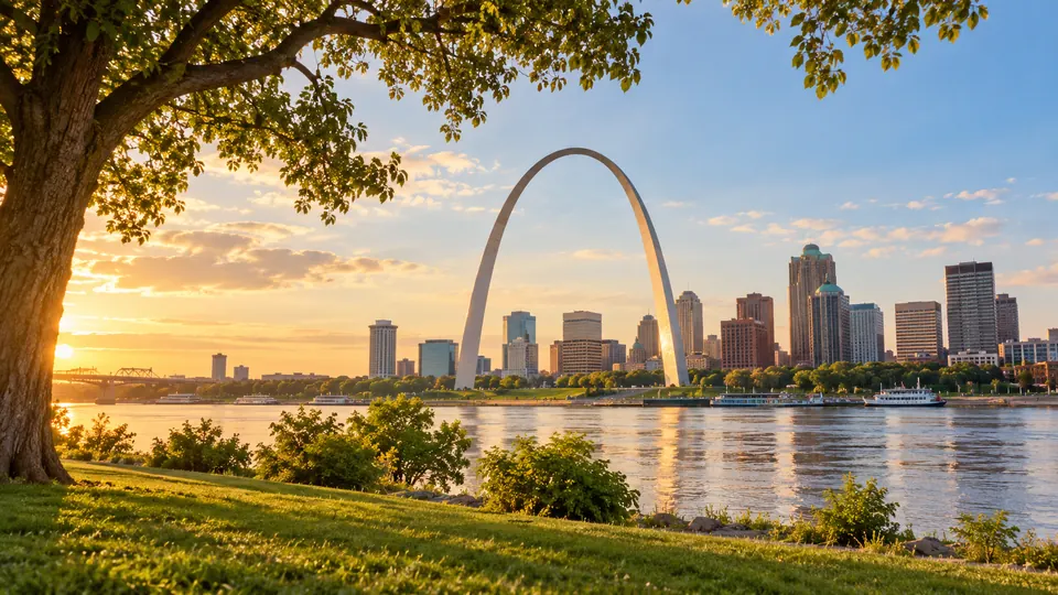 A warm editorial scene inspired by the Gateway Arch and Mississippi River, Missouri