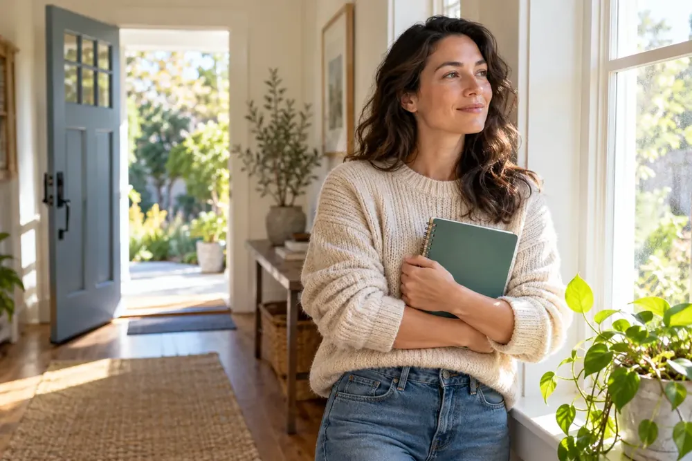 An adult pausing beside a bright doorway and window.